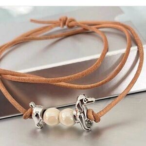 Dachshund necklace silver beaded sausage dog hotdog jewelry leather bracelet NEW